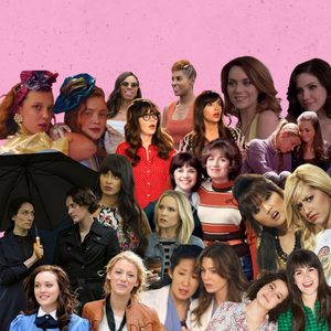 A collage of many people from different television and film scenes layered together against a pink background. The people appear in varied outfits and styles, with overlapping cutout portraits arranged in rows, creating a pop‑culture montage effect.